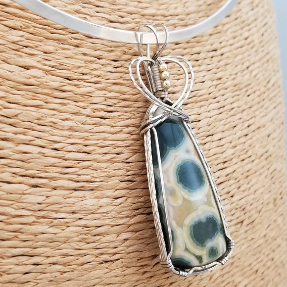 Wire Wrapped Kabamby Ocean Jasper Pendant * Silver wire wrap pendant * wwn15tb - Picture 7 of 13